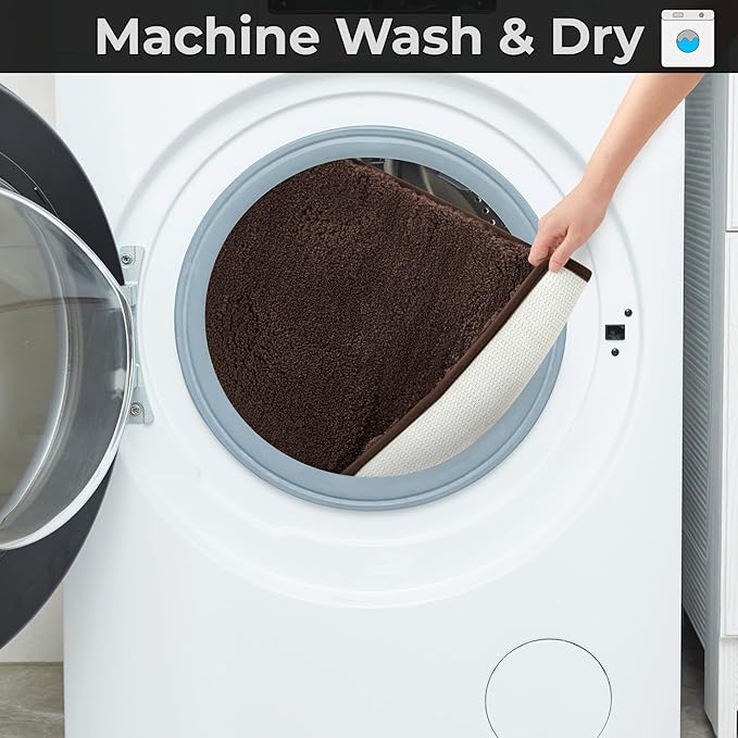 YHF Bathroom Rugs 17" X 24", Extra Thick & Soft Microfiber Shaggy, Machine Washable Bath Mats, Absorbent Bath Rugs, Non-Slip Rubber Backing Bath Mat for Bathroom Floor, Tub and Shower, Brown
