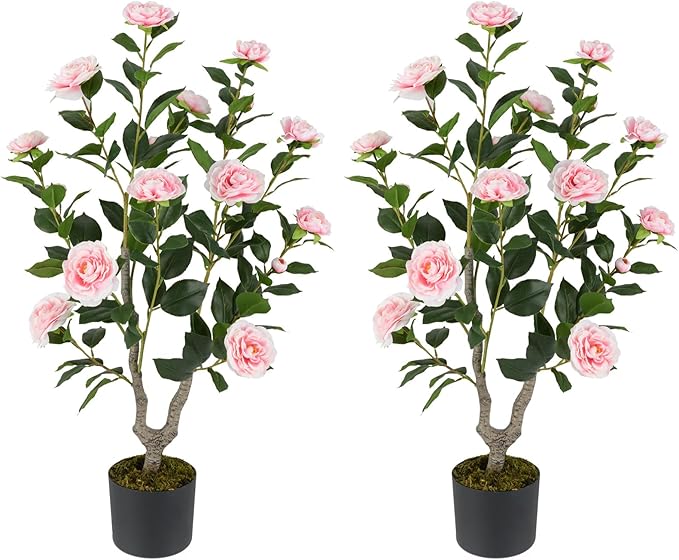 Goplus 36’’ Artificial Camellia Tree, 2 Pack Flower Plants Artificial Tree, Faux Floral Plant Blooming Tree in Nursery Pot, Greenery Potted Plant for Indoor Office Home Porch Decor, Pink