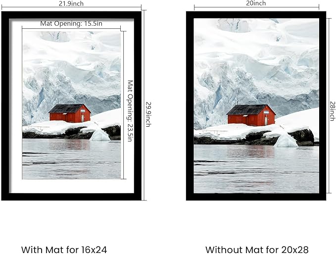 20x28 Picture Frame Set of 5, Black Poster Frame, Display Pictures 16 x 24 with Mat or 20 x 28 Without Mat for Horizontal or Vertical Wall Mounting, Wall Gallery Frame