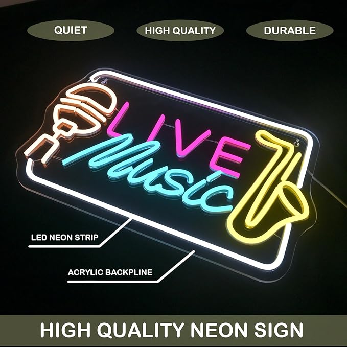 Horseneon Live Music Neon Sign Bright LED Wall Decoration for Music Venues, Bars, Clubs or Homes, USB Power Adjustable Brightness, Classic Song Theme Decoration
