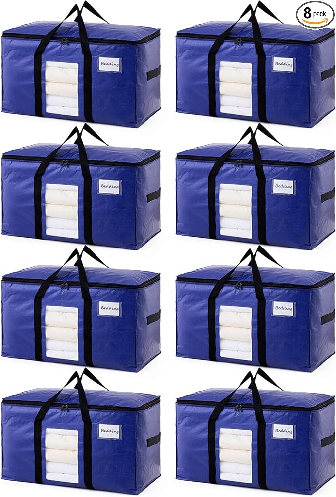 TAILI 8 Pack Dark Blue Extra Large Moving Bags, Heavy Duty Totes with Visible Window, Wrap Around Handles, Great for Storage