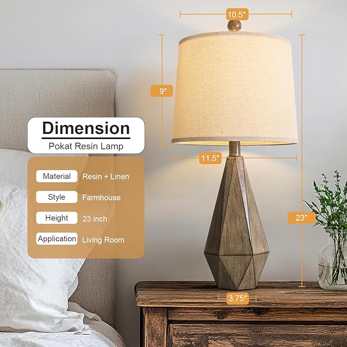 PoKat 23'' Farmhouse Table Lamps Set of 2, Brown Rustic Lamps for Living Room Bedroom Night Stands, Bedside Nightstands Living Room Table Lamps for End Side Table, Dark Wood Grain