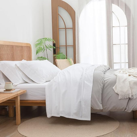 BESTOUCH Sheet Set 100% Washed Cotton Linen Feel Super Soft Comfortable Chic Lightweight 4 Pcs Home Bedding Set Solid Bright White Queen