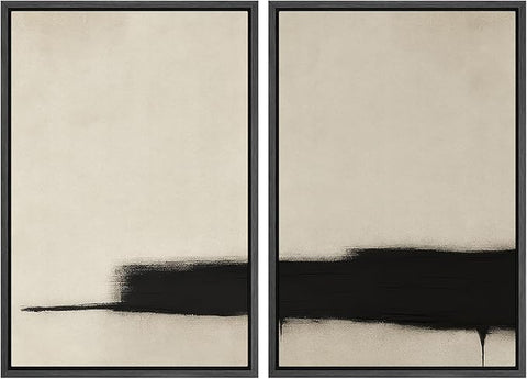SIGNWIN Framed Wall Art Print Set Minimalist Black Brushstroke Abstract Neutral Beige and Black Illustrations Modern Art Rustic Relax/Calm for Living Room, Bedroom, Office - 24"x36"x2 BLACK
