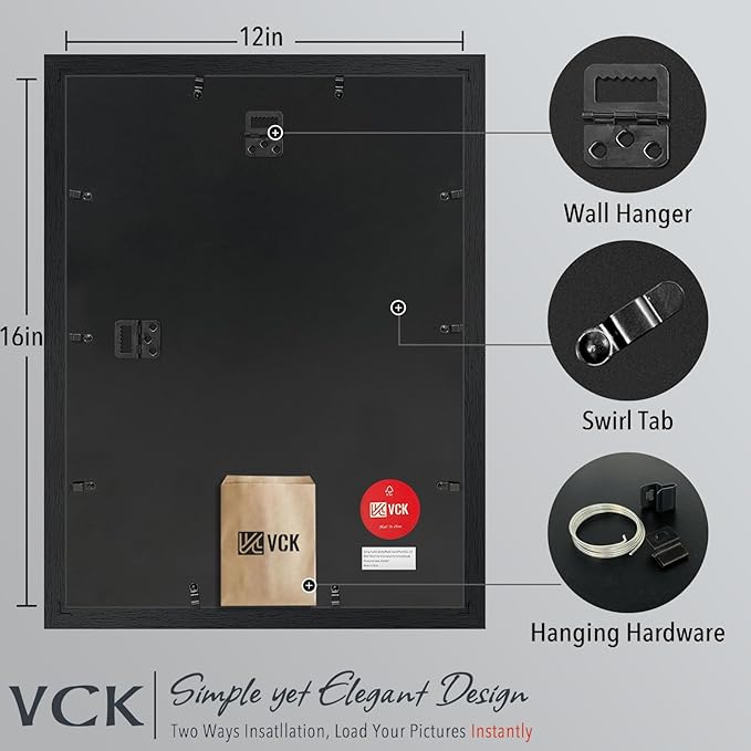 VCK 12x16 Picture Frame 2 Pack - Black, High-End Wood Poster Frames with Tempered Glass, Display 8.5x11 Photo with Mat or 12x16 without Mat, Art Gallery-Quality, Wall Hanging, Black