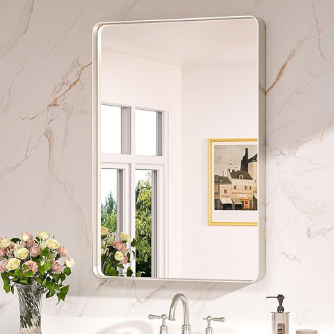 Keonjinn Brushed Nickel Mirror 24” x 36” Silver Bathroom Mirror for Over Sink, Rounded Rectangle Farmhouse Vanity Mirror with Metal Frame, HD Tempered Glass Decorative Wall Mirror(Horizontal/Vertical)