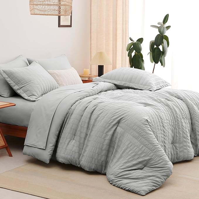 CozyLux Full Bed in a Bag Light Grey Seersucker Textured Comforter Set with Sheets 7-Pieces All Season Bedding Sets with Comforter, Pillow Sham, Flat Sheet, Fitted Sheet and Pillowcase