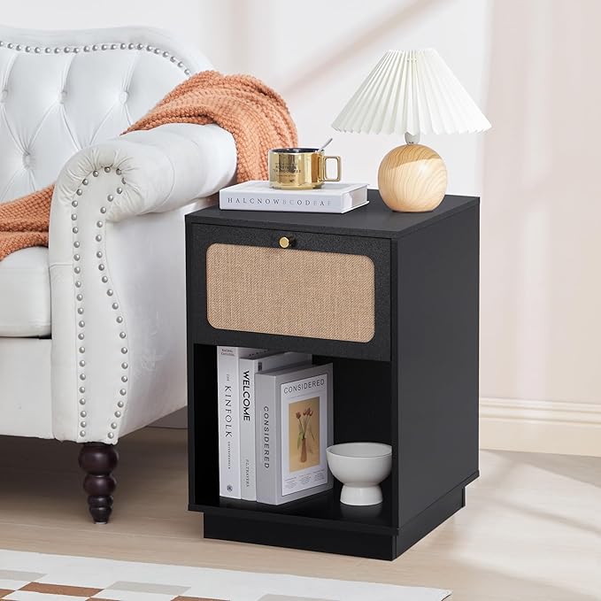 AVZEAR Mid Century Night Stand with Drawer, Farmhouse End Table with Storage & Curved Linen Panel, Modern Nightstands Bedside Table Small Side Tables for Small Space, Bedroom(Black)