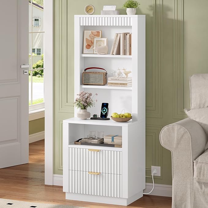 ADORNEVE Tall Fluted Nightstand Set of 2, Side Table with Drawers & Open Shelf, Mid Century Modern Night Stand with Metal Handle, Wooden Bedside End Table for Bedroom,Living Room,White