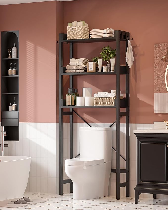Ecoprsio Over-The-Toilet Storage Rack, 3-Tier Bathroom Organizer Shelf Over Toilet, Freestanding Space Saver Toilet Stands with 4 Hooks, Black