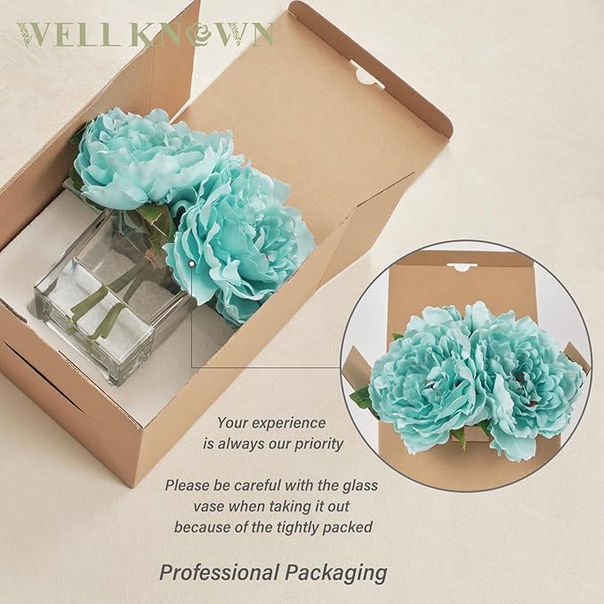 Artificial Peonies Flowers Arrangements in Cube Glass Vase, WELLKNOWN Silk Flower Centerpieces for Dining Room Table, Coffee Table Decor, Faux Peony Flowers with Faux Water(Light Teal Blue)