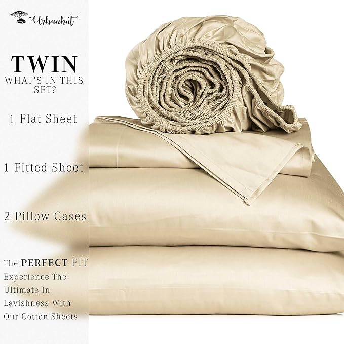 URBANHUT 700 Thread Count Egyptian Cotton Sheets Twin Size, 4Pc Sheet Set Soft Luxury Bed Sheets for Twin Size Bed, Sateen Weave Hotel Sheets, 14'' Elasticized Deep Pocket - Sand