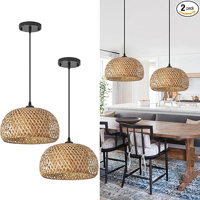 TERLEENART Bamboo Pendant Light,Set of 2 Boho Round Basket Chandelier Handmade Woven Pendant Light, Natural Bamboo Rattan Hanging Chandelier for Kitchen Island Dining Room Living Room Porch