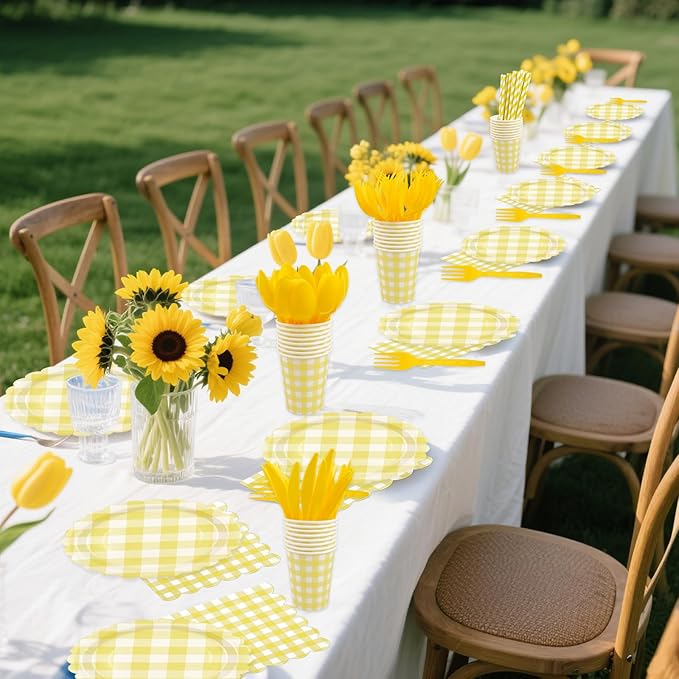 400PCS Yellow Gingham Party Supplies, Scalloped Disposable Tableware Set Includes Paper Plates Napkins Cups Straws Forks Knives Spoons for Baby Shower Birthday Wedding Decorations, Serve 50
