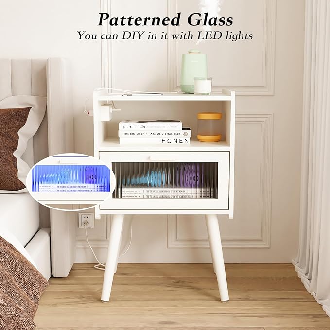 Mid Century Modern Nightstand with Charging Station, Bedside Tables with Glass Drawer, End Table Side Table with 2 Tiers Storage Space, for Bedroom, Living Room, White