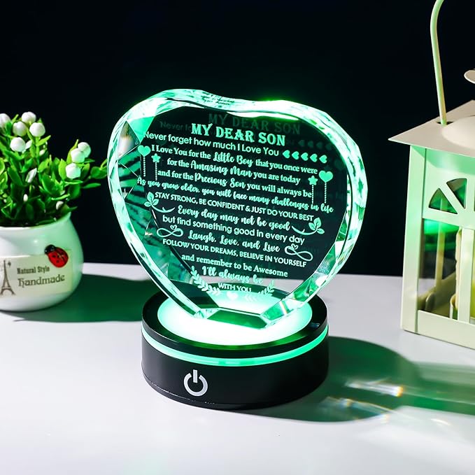 YWHL Meaningful Gifts for Son with Colorful LED Base Birthday Gifts for Son Adult from Mom Dad Crystal Heart Inspirational to My Son Graduation Gift