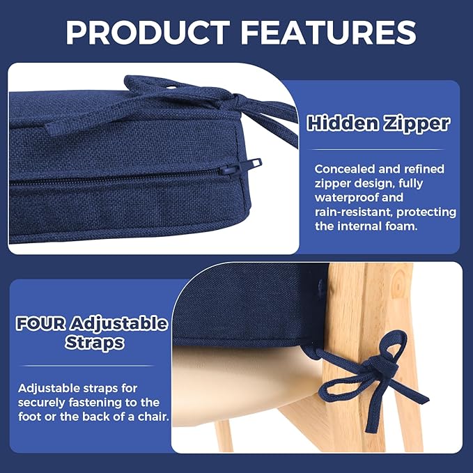 Outdoor Chair Cushion 18 x 18 x 3 Inch, Waterproof & 3-Year Fade Resistant Patio Furniture Cushions, Removable Cover and Adjustable Ties for Garden Sofa Couch (Blue)