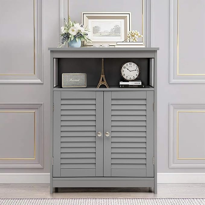 Tangkula Bathroom Floor Cabinet, Wooden Freestanding Storage Cabinet with Double Shutter Door & Adjustable Shelf, Storage Cabinet for Bathroom Living Room (Grey)