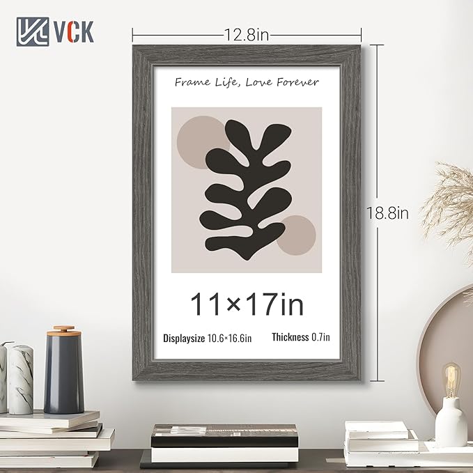 VCK 11x17 Picture Frame 5 Pack, Gray Solid Wood Poster Picture Frame, Exclusive Wood Grain, Wall Mounting Hanging