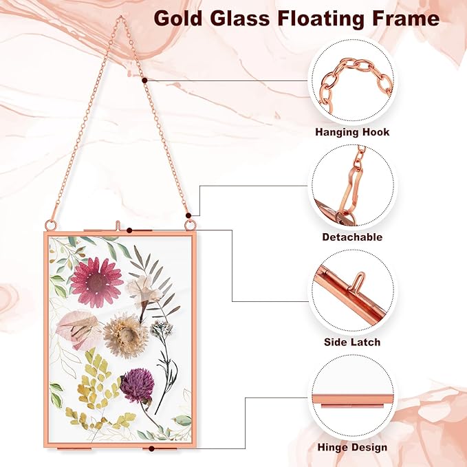 Barydat 12 Pack Pressed Flowers Glass Frames, 5 x 7 Inch Brass Hanging Floating Frame with Chain, Double Glass Photo Display for Dried Flowers, Plant Specimen, Artwork Display (Rose Gold)