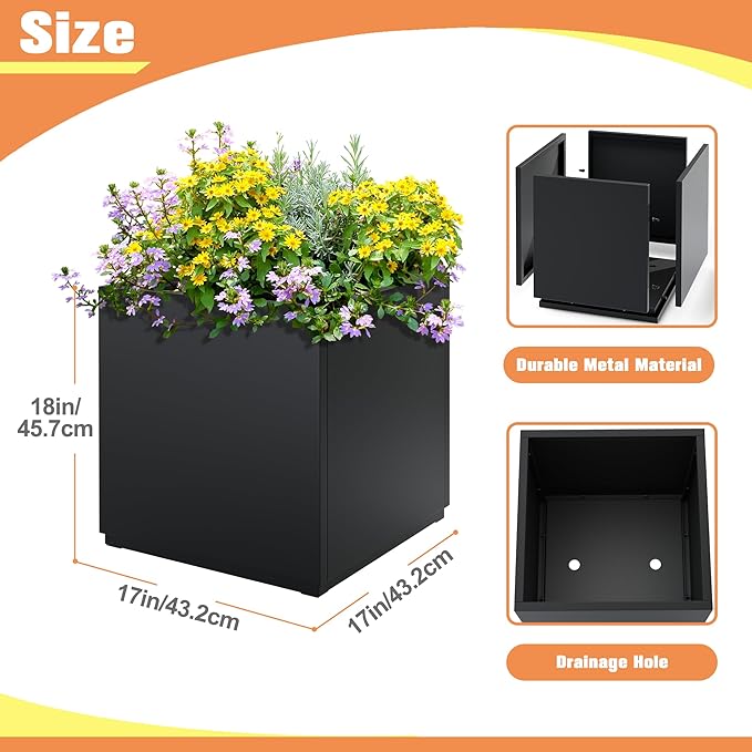 Large Square Planter Metal Black Planter Box with a Drainage Hole and a Removable Divider Indoor Outdoor Porch Pots for Tall Plants, Trees, Flowers 17.01" x 17.01" x 17.99" Black