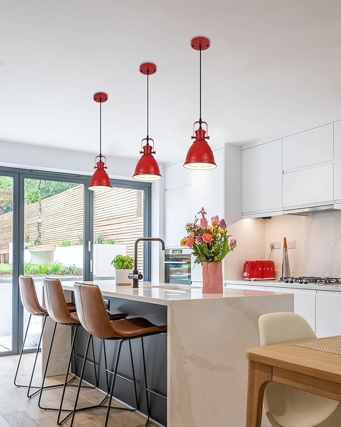 Red Pendant Lights Kitchen Island 3 Pack, Vintage Pendant Light, 6.5’’ Farmhouse Pendant Light Fixtures, Adjustable Height, Pendant Lighting for Dining Room, Living Room, Sink, Bar