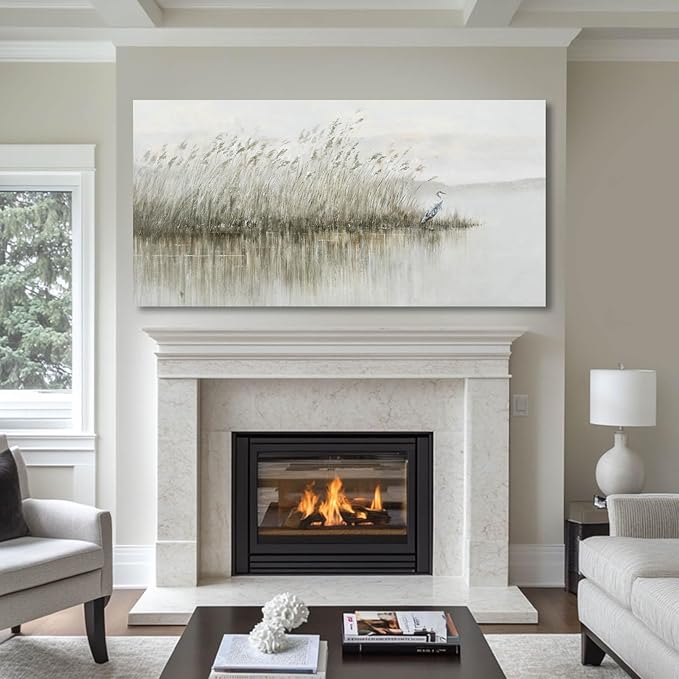 WINKAILIN Grey Pictures Wall Decor Landscape Wall Art Reed and Egret Painting on Canvas Vintage Posters for Room Bedroom Living Room Home Decor 29x58 Inch