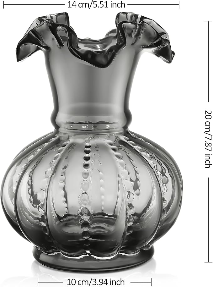 Joeyan Handmade Grey Glass Flower Vase,7.9" Vintage Decorative Urn Vase for Centrepieces Bouquet Wedding,Colored Thickened Pedestal Decorations for Rustic Home Living Room Office Farmhouse