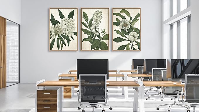 Large Framed Canvas Wall Art - Natural Float Framed White Flowers Green Leaves Pictures Decor Simple Botanical Plants Artwork for Living Room Bedroom Kitchen Home Office Decoration 60" X 28" Set of 3
