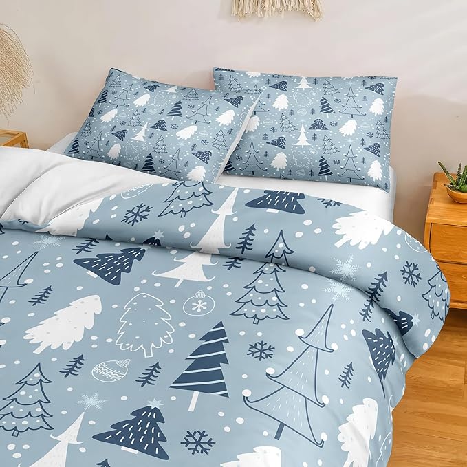 Bedorm Christmas Tree Bedding Comforter Blue Winter Comforter Set Blue White Snowflake Xmas Tree Holiday Decor Cute Christmas Quilt Comforter Set King Size