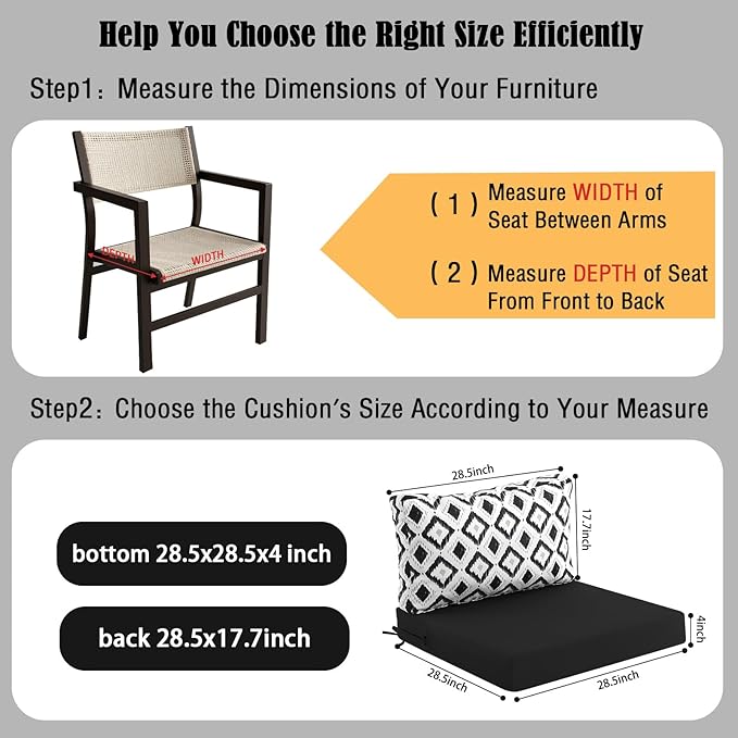 idee-home Outdoor Cushions for Patio Furniture, Outdoor Seat Cushion, Waterproof Hampton Bay Deep Seat Replacement Couch Chair Cushions for Garden Lawn Backyard Deck, 28.5 x 28.5 Black Pattern
