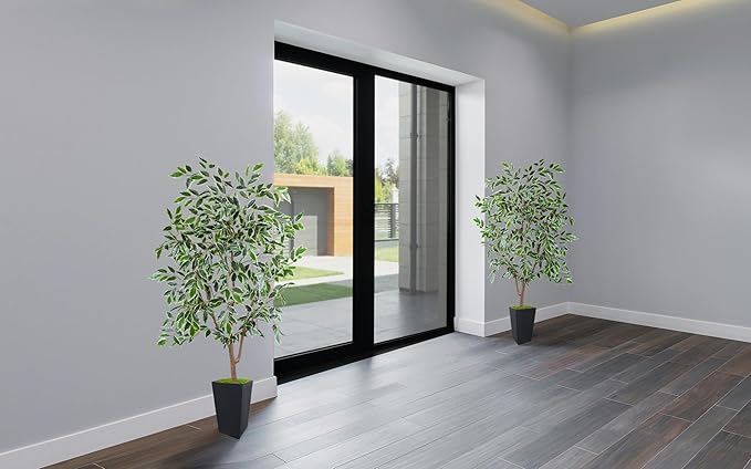 Artificial Ficus Plant 5ft, Fake Tree with Black Tall Planter, Faux Ficus Leaves Trees in Pot, Artificial Floor Plants for Home Living Room Office Bedroom Foyer Porch Decor Indoor
