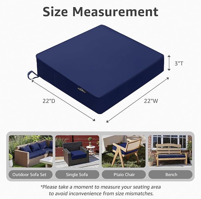 Outdoor Chair Cushions 22 x 22 x 3 Inch, Waterproof & Fade Resistant Patio Seat Cushion for Furniture with Handle and Ties, Thick Seating Pads for Outside Sofa Couch Set of 2, Dark Blue