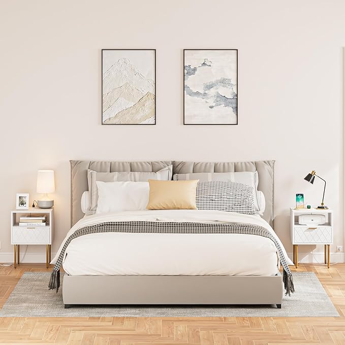 Nightstand,Morden Bedside Table with Gold Frame,Small White Night Stand,End Table,Bedside Furniture,Side Table with Drawer and Shelf for Bedroom,Living Room (1Drawer, White-Outlet-pane)