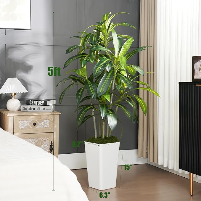 Dracaena Plant Artificial Tree 5Ft Tall Fake Tropical Floor Plants Potted Artificial Silk Tree Leaf Faux Trees White Tall Planter for Home Office Living Room Indoor Outdoor Decor