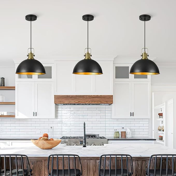 12 Inch Farmhouse Pendant Lights for Kitchen Island, Industrial Dome Pendant Lighting, Matte Black and Gold Handle, Adjustable Height, Vintage Hanging Light Fixtures for Barn, Dining Room
