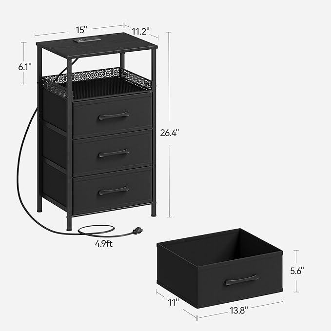 Night Stand Set 2 with Charging Station, 3 Drawer Nightstands with LED Lights, End Table with Outlets and USB Ports, Side Table with Open Shelf, Bedside Tables for Bedroom, Black