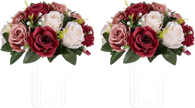 NUPTIO Artificial Flower Centrepieces for Tables - 2 Pcs Burgundy & Dusty Rose & Creamy White Fake Flowers Roses Balls 9.5in Diameter - Silk Faux Rose Arrangement for Wedding Party Table Decor