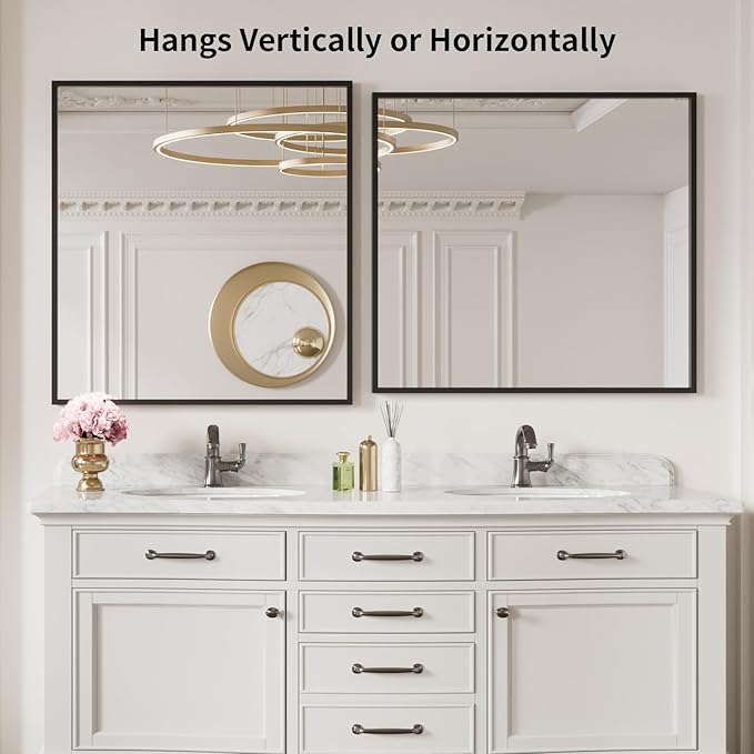 LOAAO 30"X36" Black Rectangle Bathroom Mirror Wall, Matte Black Aluminum Alloy Frame, Tempered Glass, Hangs Vertically or Horizontally, Easy to Install