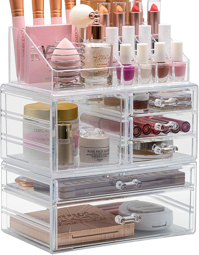 Sorbus Large Clear Makeup Organizer - Detachable 3-Piece Jewelry & Make Up Organizers and Storage Set - Spacious Cosmetic Display Tower - Makeup Organizer for Vanity, Bathroom, Dresser & Countertop