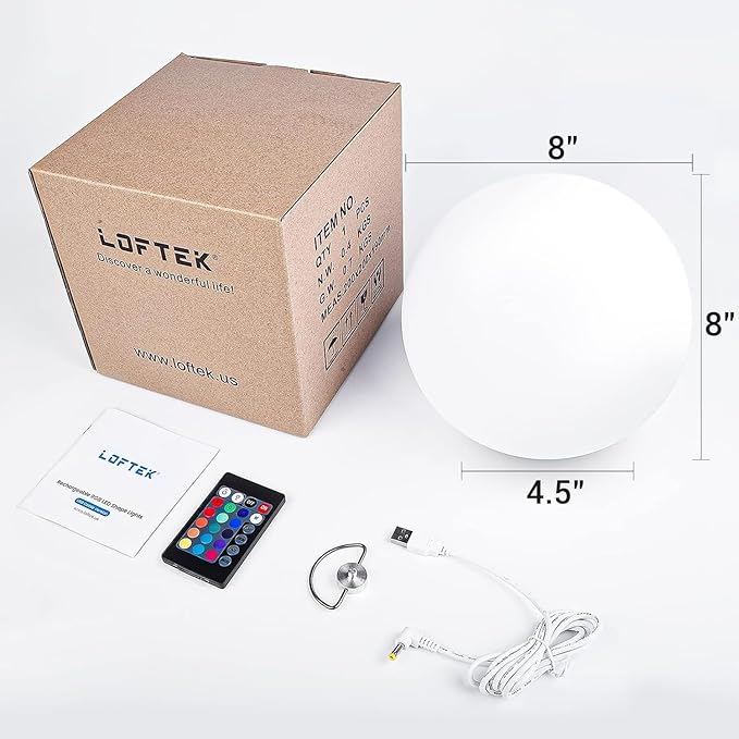 LOFTEK 8-inch LED Night Light Ball: 16 RGB Colors and Dimmable Globe Light with Remote, Upgraded Folding Handle, Seamless Matte Housing, Rechargeable IP65 Floating Pool Light, for Nursery or Decor