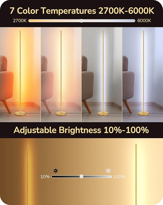 EDISHINE LED Corner Floor Lamp, Dimmable Standing Light with Remote, 7 Color Temperature 2700K-6000K, 57.5" Modern Floor Lamp for Bedroom, Living Room, Office, Gold