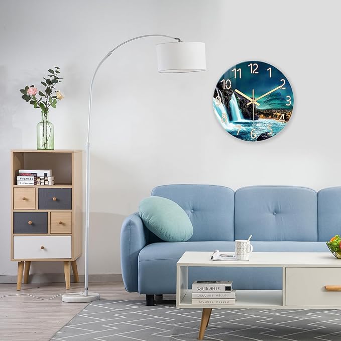 XNM 14 Inch Glass Kitchen Clocks Wall Battery Operated Teal Wall Clock Decorative Natural Landscape Quiet Clock Analog