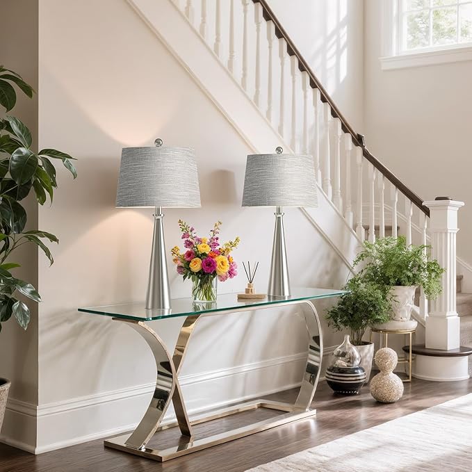 Oneach 25.75" Modern Table Lamp Set of 2, Bedside Lamps with USB Ports, Silver Nightstand Lamps Set for Living Room Bedroom House Bedside Home Office Family