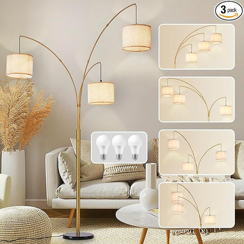 DLLT Modern Floor Lamp for Room: 3-Light Gold Tree Dimmable Floor Lamps with Beige Shades for Living Room - Arc Standing Lamp for Bedroom - Tall Floor Lamp for Office Corner 3 LED Bulbs Included