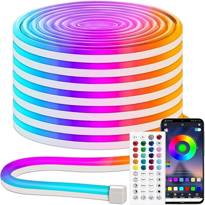 iNextStation RGB Neon LED Strip Lights, 16.4FT 12V Flexible Rope Lights Color Changing Multiple Modes Control with APP & Remote,IP65 Waterproof Neon Lights for Bedroom Decor