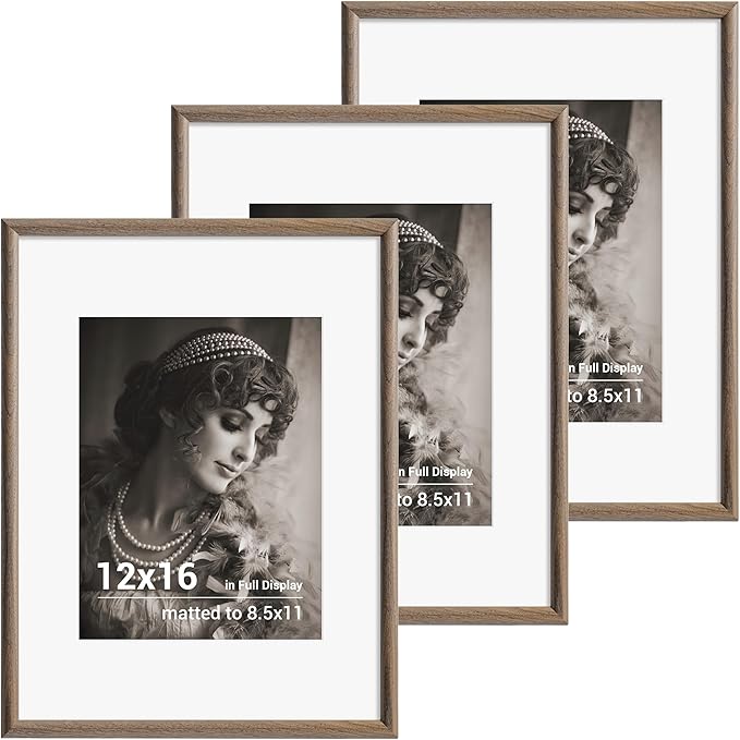 12x16 Picture Frame Set of 3 - Solid Walnut Wood Picture Frames with HD Tempered Glass, Handcrafted Rounded Corner 12 x 16 Wooden Frame Matted to 8.5x11 Photos, Horizontal or Vertical Wall Display