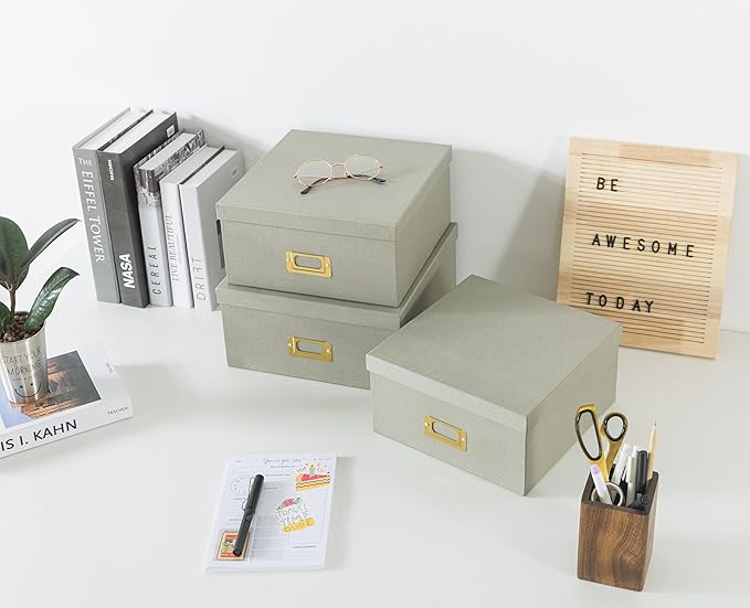 Soul & Lane Gray Kraft Paper Boxes for Storage, Set of 3 Square Stacking Boxes with Lids and Gold Label Holders, Decorative Cardboard Photo Storage for Decor and Organizing