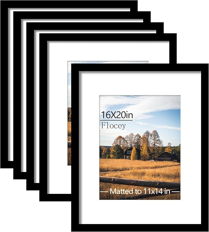 16x20 Picture Frame 5 Pack, Black Poster Frame, Display Pictures 11 x 14 with Mat or 16 x 20 Without Mat for Horizontal or Vertical Wall Mounting, Wall Gallery Frame for Artwork Certificate