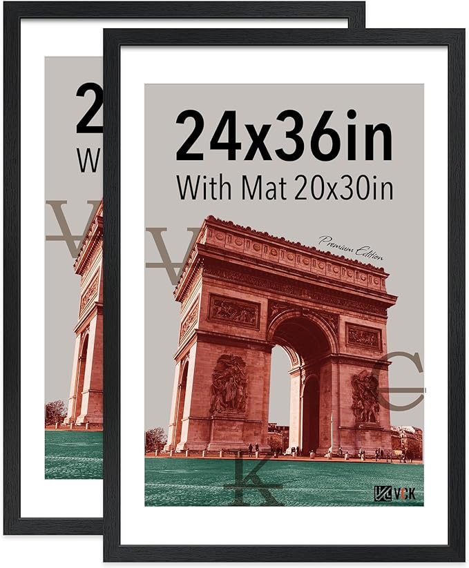 VCK 24x36 Poster Frame Black - with Mat 20x30, Solid Wood Picture Frame with Textured Exclusive, Horizontal and Vertical Formats with Included Hanging Hardware - 2 Pack